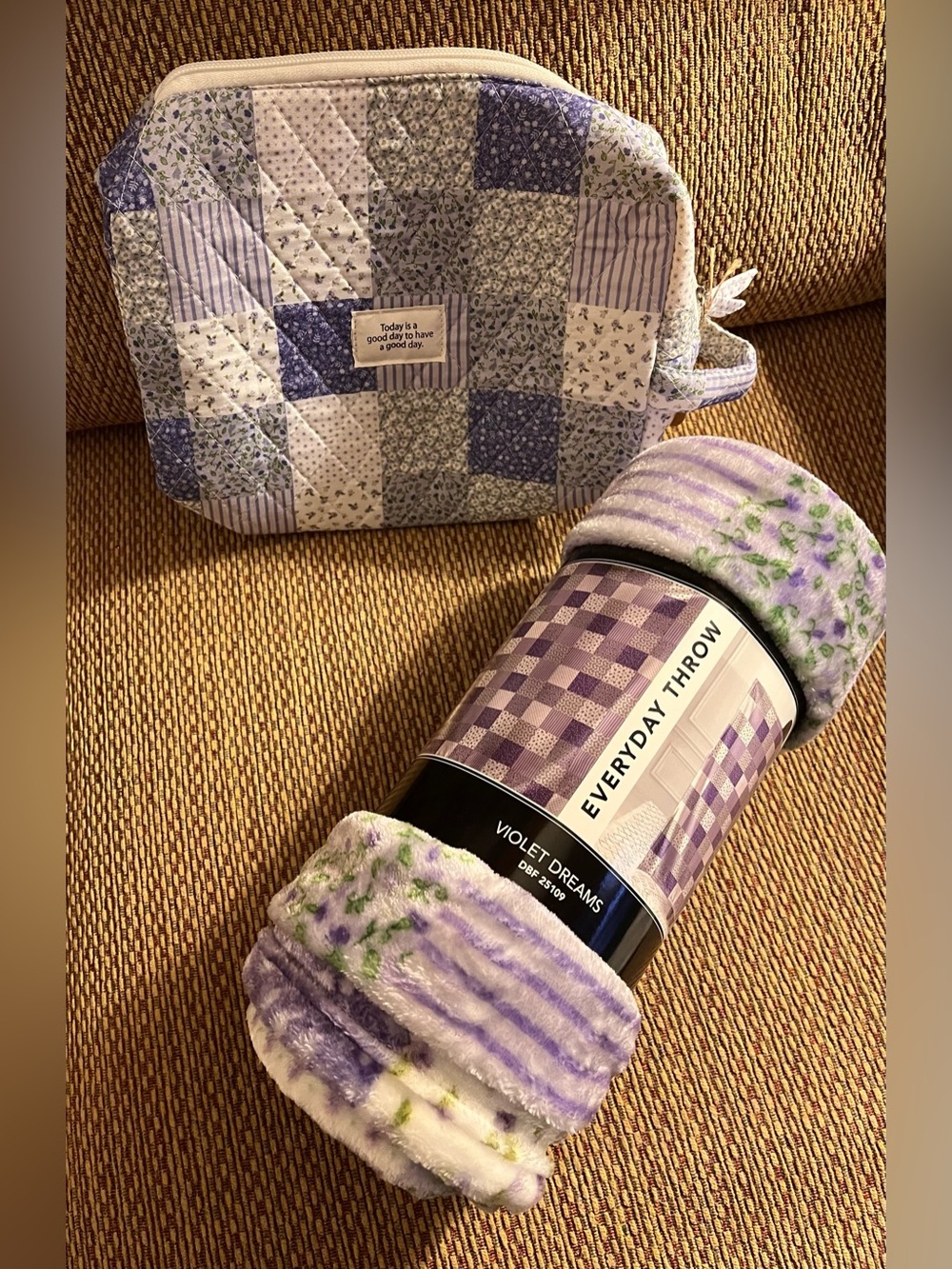 Matching set of Vanity/Make-Up Bag and Plush Throw in Violet Dreams